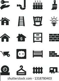 Solid Black Vector Icon Set - house vector, cradle, baby cot, brickwork, brick wall, building trolley, wooden paint brush, stepladder, siphon, power socket type f, radiator, new, nightstand, hanger