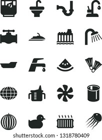 Solid Black Vector Icon Set - measuring cup for feeding vector, baby duckling, bath, washbasin, shower, sewerage, faucet mixer, kitchen, a glass of tea, water melon, slice, marine propeller, valve