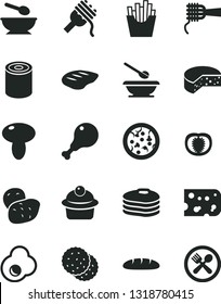 Solid Black Vector Icon Set - deep plate with a spoon vector, plates and spoons, piece of cheese, loaf, tin, pizza, spaghetti, noodles, mushroom, muffin, chicken leg, chop, French fries, fried egg
