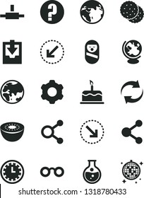 Solid Black Vector Icon Set - clock face vector, renewal, download archive data, question, roly poly doll, cogwheel, left bottom arrow, cake, right, biscuit, kiwi, round flask, planet, connection