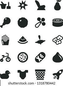 Solid Black Vector Icon Set - wicker pot vector, Child T shirt, baby rattle, car seat, duckling, tumbler, toy sand set, small yule, bicycle, canned goods, pizza, chicken leg, cabbage, popcorn, fig