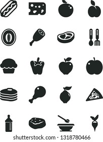Solid Black Vector Icon Set - measuring bottle for feeding vector, plates and spoons, iron fork, piece of cheese, pizza, Hot Dog, cake, chicken leg, thigh, bacon, meat, peper, apple, pancakes, red