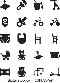 Solid Black Vector Icon Set - baby cot vector, toys over the, dummy, nappy, bib, beanbag, stroller, sitting, roly poly doll, children's sand set, potty, a chair for feeding, child, teddy bear, small