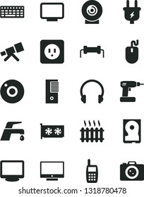 Solid Black Vector Icon Set - camera vector, cordless drill, power socket type b, faucet mixer, headphones, screen, lens, plug, cast iron radiator, mobile phone, mouse, keyboard, pc tower, gpu card