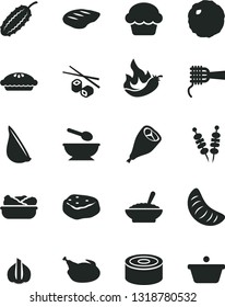 Solid Black Vector Icon Set - deep plate with a spoon vector, canned goods, fried vegetables on sticks, noodles, cake, pie, bowl of buckwheat porridge, lettuce in, chicken, grill leg, chop, cabbage