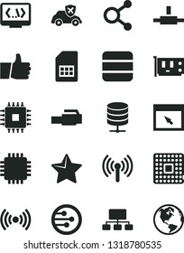 Solid Black Vector Icon Set - star vector, thumb up, big data server, autopilot, processor, SIM card, connections, scheme, cpu, pc, network, browser, connect, coding, lan connector, wireless, earth