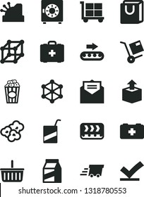 Solid Black Vector Icon Set - cargo trolley vector, grocery basket, bag of a paramedic, medical, e, received letter, strongbox, with handles, package, shipment, unpacking, popcorn, cup, conveyor