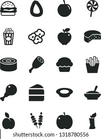Solid Black Vector Icon Set - stick of sausage vector, cheese, canned goods, fried vegetables on sticks, burger, cake, piece, a bowl buckwheat porridge, plate milk, chicken leg, thigh, lollipop, cup
