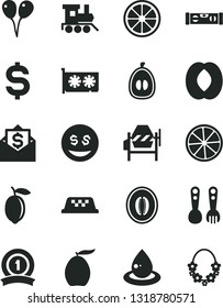 Solid Black Vector Icon Set - plastic fork spoons vector, baby toy train, colored air balloons, concrete mixer, building level, loquat, half peach, melon, lemon, juicy, slice of, drop oil, gpu card