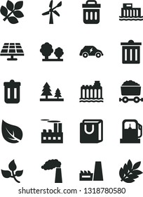 Solid Black Vector Icon Set - bin vector, bag with handles, solar panel, leaves, leaf, gas station, wind energy, manufacture, hydroelectric, hydroelectricity, trees, forest, industrial building