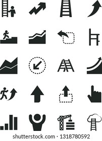Solid Black Vector Icon Set - upward direction vector, growth up, line chart, a chair for feeding, tower crane, stepladder, ladder, left bottom arrow, index finger, move, bar, man, carrer stairway