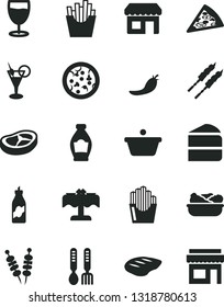 Solid Black Vector Icon Set - iron fork spoons vector, fried vegetables on sticks, pizza, piece of, cake, lettuce in a plate, bacon, chop, barbecue, French fries, potato slices, glass, bottle, kiosk