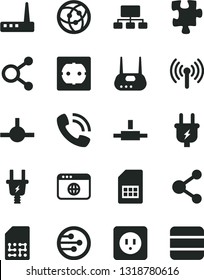 Solid Black Vector Icon Set - Puzzle vector, power socket type b, f, plug, electric, SIM card, connection, connections, scheme, phone call, router, network, browser, connect, wireless, big data