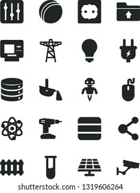 Solid Black Vector Icon Set - matte light bulb vector, upload folder, bath ball, drill, power socket type f, new radiator, big data, regulator, solar panel, pole, plug, steel production, connection