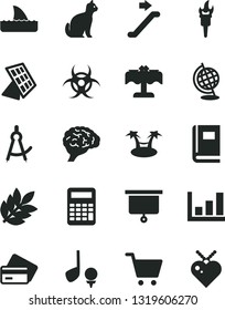 Solid Black Vector Icon Set - brain vector, book, biohazard, globe, calculator, drawing compass, growth graph, sun panel, biology, presentation board, flame torch, escalator, credit card, restaurant