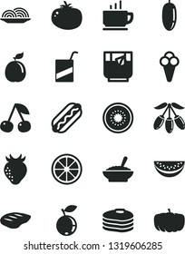 Solid Black Vector Icon Set - vector e, coffee, Hot Dog, onion, a bowl of buckwheat porridge, chop, tomato, glass tea, cone, pancakes, cherry, strawberry, blueberry, goji berry, water melon slice