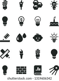 Solid Black Vector Icon Set - matte light bulb vector, children's hairdo, cake, brickwork, saving, writing accessories, drawing, honeycombs, drop, energy, book on statistics, flame torch, idea