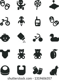 Solid Black Vector Icon Set - baby powder vector, bib, Child T shirt, rubber duck, warm socks, toy mobile phone, teddy bear, small, children's hairdo, yule, bicycle, tricycle, lollipop, ripe plum