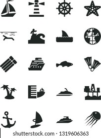 Solid Black Vector Icon Set - anchor vector, small fish, commercial seaport, lighthouse, planet, sail boat, hotel, beach, palm tree, starfish, flippers, surfing, handwheel, jet ski, cruiser, yacht