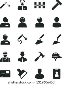 Solid Black Vector Icon Set - builder vector, workman, trowel, building, ceramic tiles, helmet, putty knife, hammer, with claw, employee, pass card, welding, gas, woman, man, dispatcher, operator