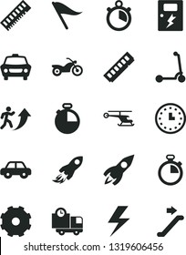 Solid Black Vector Icon Set - truck lorry vector, lightning, stopwatch, wind direction indicator, motor vehicle, child Kick scooter, dangers, timer, car, delivery, rocket, space, wall watch, memory
