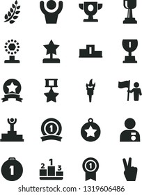 Solid Black Vector Icon Set - pedestal vector, flame torch, laurel branch, winner podium, prize, award, cup, gold, star reward, man with medal, hold flag, first place, pennant, ribbon, hero