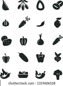 Solid Black Vector Icon Set - stick of sausage vector, lettuce in a plate, cucumber, chili, peper, garlic, carrot, coffee beans, quince, goji berry, Bell pepper, ripe, red, hot, onion, potato, beet