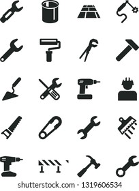 Solid Black Vector Icon Set - paint roller vector, safety pin, building trowel, small tools, adjustable wrench, cordless drill, hand saw, spatula, paving slab, road fence, hammer, with claw, builder