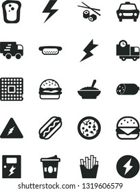 Solid Black Vector Icon Set - lightning vector, dangers, car, delivery, sausage, pizza, Hot Dog, mini, big burger, a bowl of buckwheat porridge, French fries, Chinese chopsticks, coffe to go