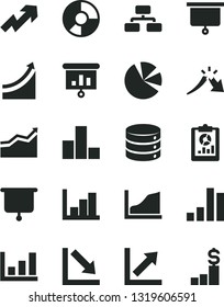 Solid Black Vector Icon Set - growth up vector, bar chart, negative, histogram, big data, flowchart, a crisis, statistical overview, ring diagram, pie charts, presentation, graph, board, arrow