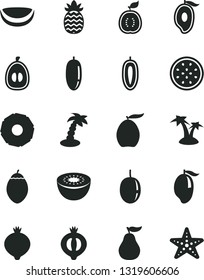 Solid Black Vector Icon Set - medlar vector, half of, mango, loquat, date fruit, passion, sweet, kiwi, tamarillo, guawa, piece coconut, pineapple, slice, ripe guava, palm tree, starfish