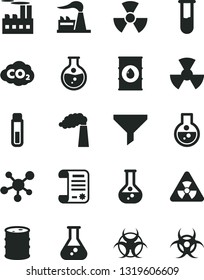 Solid Black Vector Icon Set - round flask vector, manufacture, factory, oil, barrel, industrial building, radiation, carbon dyoxide, filter, research article, test tube, molecule, nuclear, biohazard