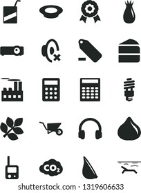 Solid Black Vector Icon Set - silent mode vector, remove label, toy phone, e, building trolley, piece of cake, a plate milk, garlic, rose hip, fig, industrial, energy saving bulb, carbon dyoxide