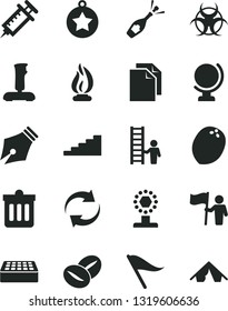 Solid Black Vector Icon Set - clean paper vector, wind direction indicator, renewal, brick, dust bin, globe, coffee beans, coconut, joystick, biohazard, flame, syringe, ink pen, cup, stairway, tent