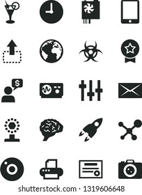 Solid Black Vector Icon Set - camera vector, sign of the planet, wall clock, move up, tablet pc, power supply, printer, mail, molecule, brain, settings, biohazard, oscilloscope, rocket, patente, cup