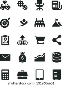 Solid Black Vector Icon Set - motor vehicle present vector, gears, envelope, industrial factory, cart, briefcase, connection, column of coins, statistical overview, dollars, morning paper, tablet pc