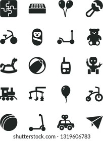 Solid Black Vector Icon Set - toys over the cradle vector, beanbag, bath ball, baby, motor vehicle present, roly poly doll, toy mobile phone, small teddy bear, train, rocking horse, balloon, Puzzles