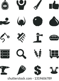 Solid Black Vector Icon Set - cargo trolley vector, magnifier, dollar, chest of drawers, drill, arm saw, spatula, fried vegetables on sticks, apple pie, grill chicken leg, cabbage, fig, half loquat