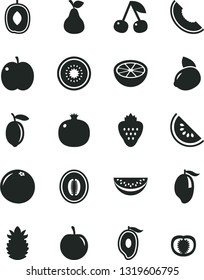 Solid Black Vector Icon Set - strawberry vector, pear, cherry, apple, pomegranate, slice of melon, water, mango, half, delicious plum, tasty, lemon, yellow, kiwi, ripe pineapple, grapefruit, tomato