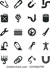 Solid Black Vector Icon Set - clip vector, safety pin, open, hook, winch, adjustable wrench, arm saw, sewerage, gear, knife, kitchen faucet, tin, water pipes, power line, canister, magnet, luck