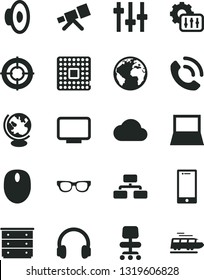 Solid Black Vector Icon Set - sign of the planet vector, loudspeaker, chest drawers, smartphone, flowchart, phone call, processor, notebook pc, mouse, monitor, headphones, chair, settings, cloud