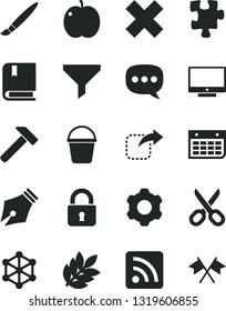 Solid Black Vector Icon Set - tassel vector, scissors, cross, rss feed, Puzzle, e, cogwheel, bucket, hammer, lock, screen, move right, apple, filter, wall calendar, speech, biology, 3d cube, ink pen