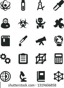 Solid Black Vector Icon Set - book vector, test tube, microscope, telescope, atom, gears, satellite, biohazard, pipette, globe, scientist, clipboard, calculator, drawing compass, earth core, robot