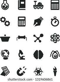 Solid Black Vector Icon Set - pan vector, flask, microscope, molecule, atom, brain, gears, bactery, book, biohazard, globe, magnet, calculator, sun panel, lunar rover, stopwatch, ink pen, resistor