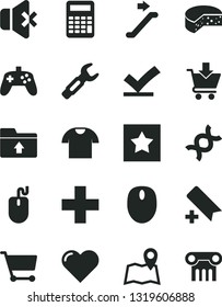 Solid Black Vector Icon Set - add bookmark vector, plus, upload folder, heart, no sound, put in cart, T shirt, cheese, steel repair key, mouse, joystick, dna, calculator, star, vote check, escalator