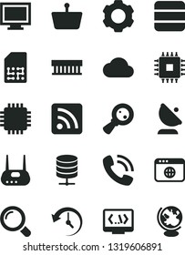 Solid Black Vector Icon Set - monitor window vector, rss feed, magnifier, big data server, satellite antenna, SIM, shopping basket, magnifying glass, phone call, radiator fan, cpu, router, browser