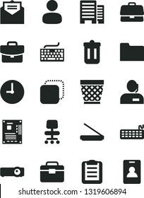 Solid Black Vector Icon Set - wicker pot vector, keyboard, portfolio, buildings, wall clock, received letter, suitcase, copy, briefcase, man, dispatcher, motherboard, scanner, folder, trash bin