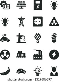 Solid Black Vector Icon Set - hook vector, saving light bulb, power socket type f, dangers, banana, solar panel, hydroelectric station, line, industrial building, radiation hazard, tower crane, king