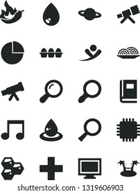 Solid Black Vector Icon Set - monitor window vector, plus, pie chart, drop, planet, bundle of eggs, onion, honeycombs, hot pepper, oil, cpu, magnifier, note, telescope, zoom, book, flying man