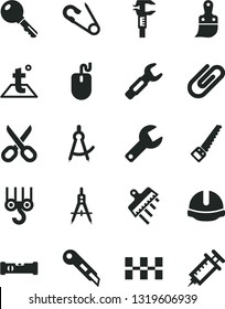 Solid Black Vector Icon Set - repair key vector, scissors, open pin, winch hook, arm saw, plastic brush, construction level, ceramic tiles, helmet, spatula, stationery knife, temperature, clip